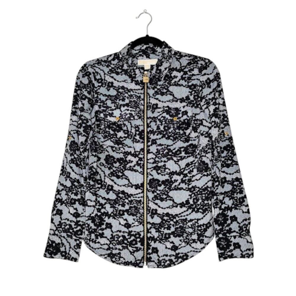MICHAEL KORS 3/4 Roll Sleeve Floral Lace Pattern Zip Up Gold Detail Blouse XS